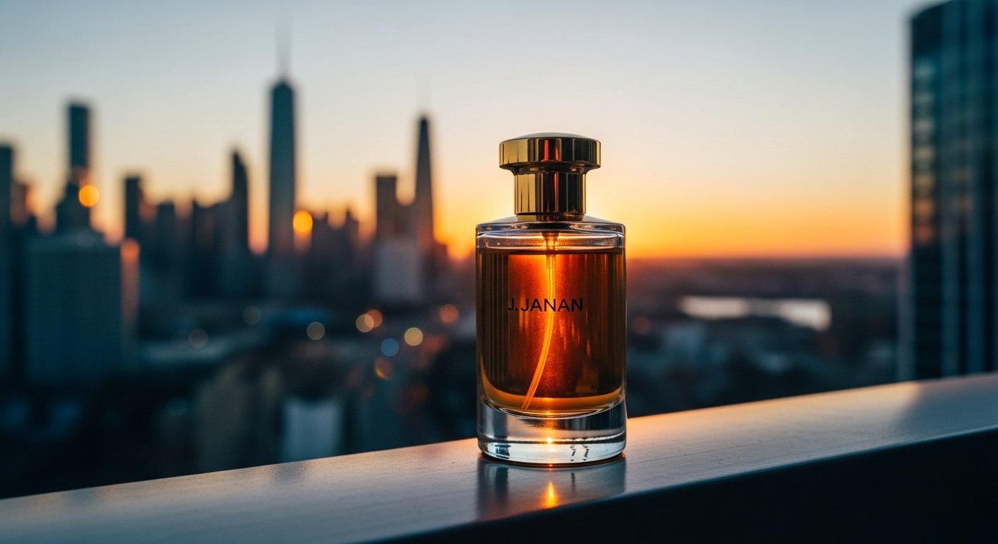 J. Janan perfume bottle on balcony with city skyline and sunset background