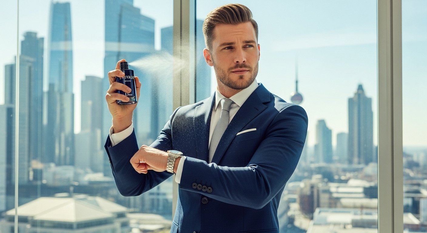 Man applying Dior Sauvage perfume lifestyle image