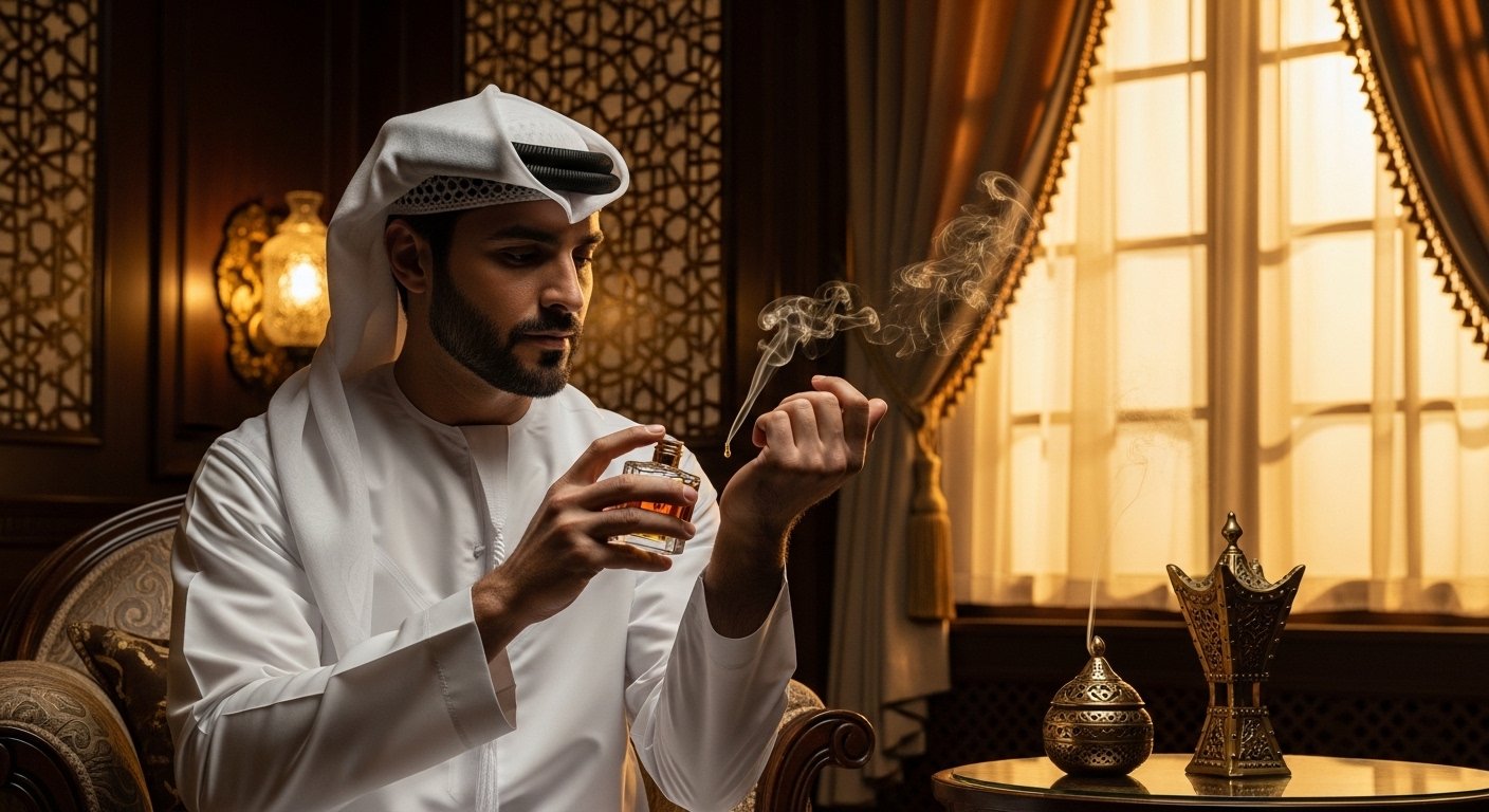 Man applying oud perfume on wrist in luxury indoor environment