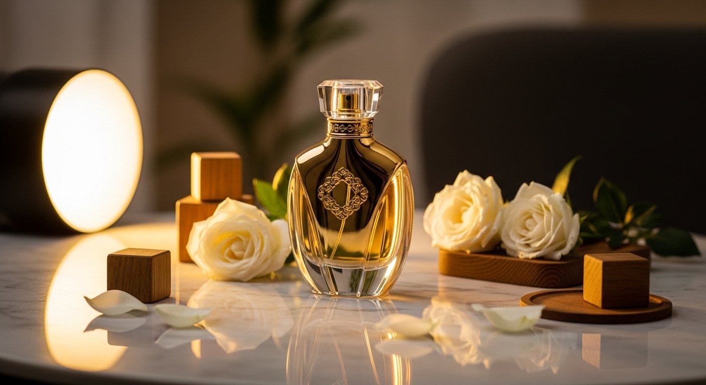 Luxury perfume bottle on marble table with golden light, flowers and wooden elements, elegant premium fragrance photography