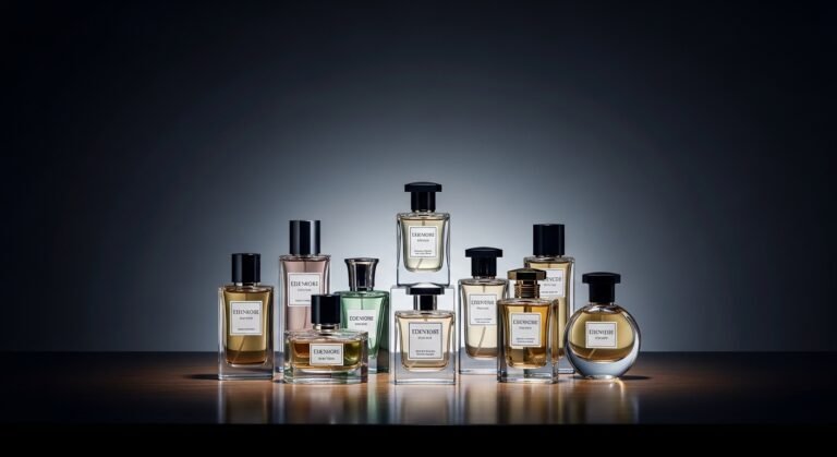 Edenrobe perfume collection displayed on luxury table with dark background for website banner