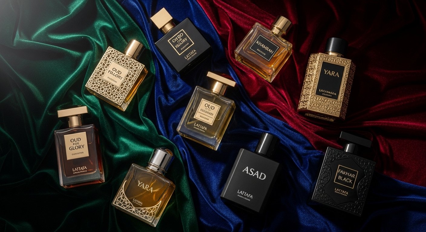 Best-selling Lattafa perfumes arranged on velvet cloth with soft studio lighting