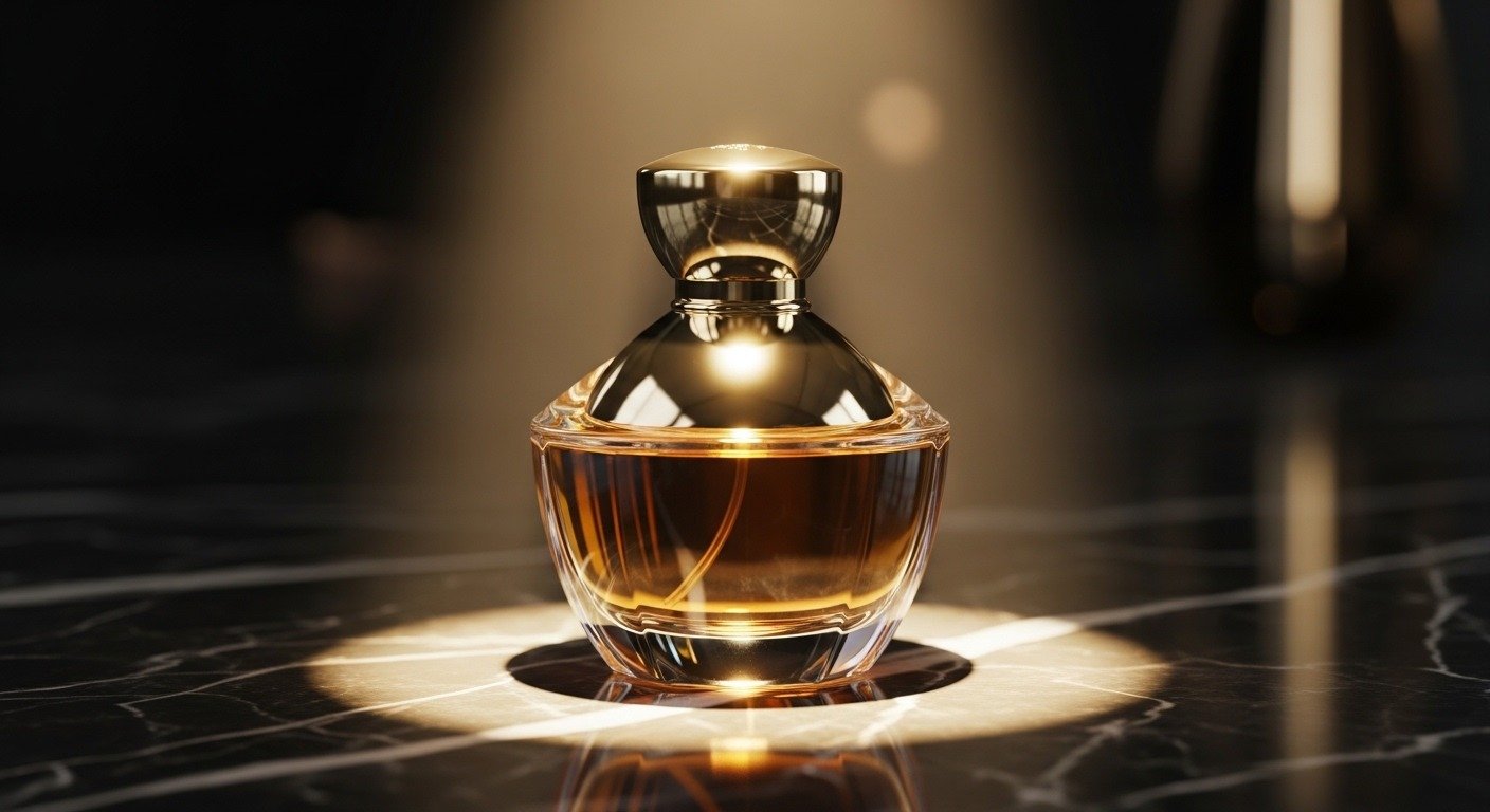 Luxury women perfume bottle with golden lighting and elegant dark background