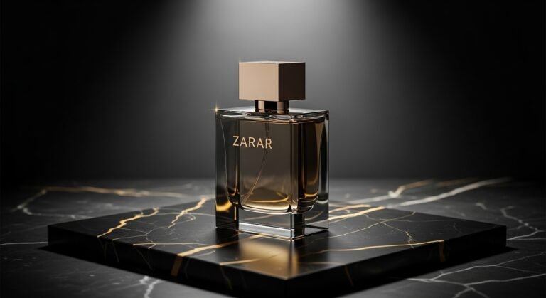 Luxury Zarar perfume bottle on black marble surface with golden lighting and dark background
