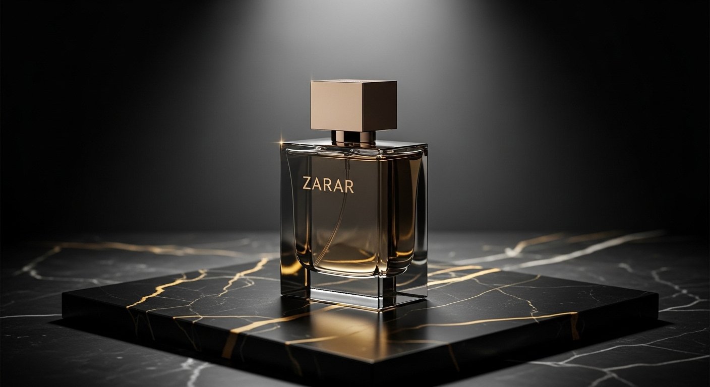 Luxury Zarar perfume bottle on black marble surface with golden lighting and dark background