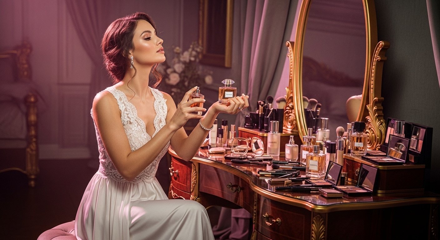 Elegant woman applying Lattafa perfume near vanity table with soft lighting