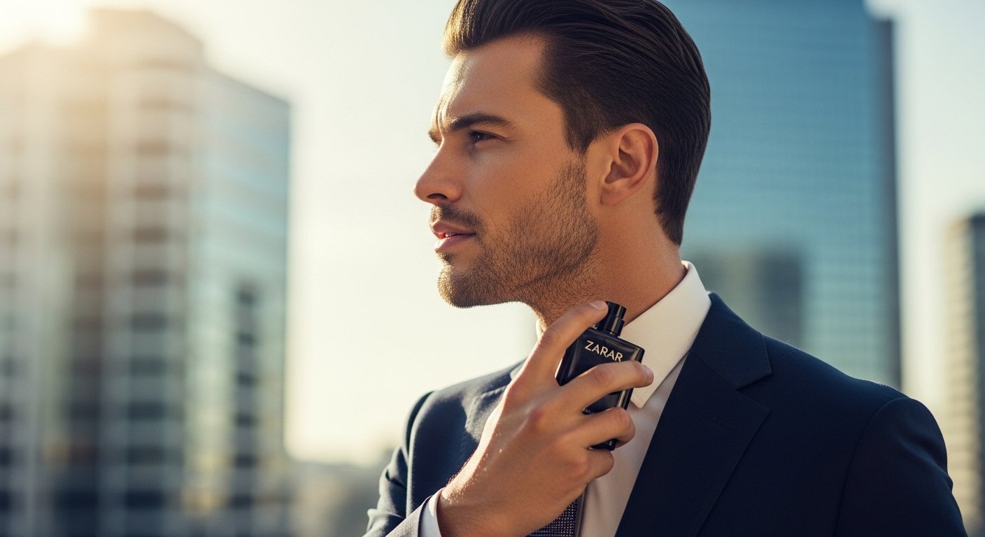 Handsome man applying Zarar perfume on neck wearing formal suit in city background