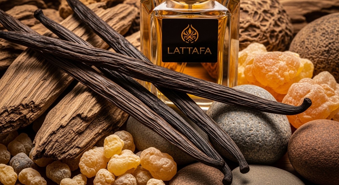 Close-up of oud wood, vanilla pods, amber resin, and Lattafa perfume bottle