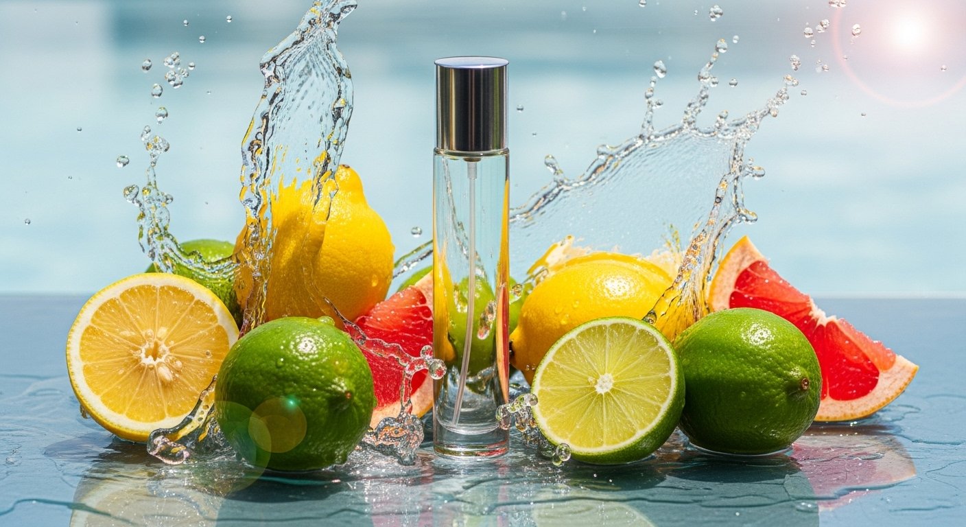 Perfume bottle with citrus fruits and water splashes in bright sunlight creating fresh summer fragrance vibe