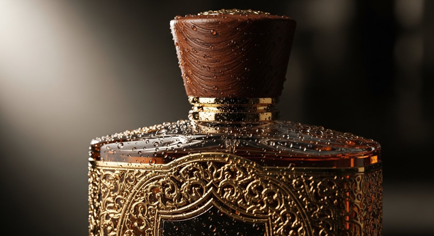 Close-up shot of luxury oud perfume bottle with water drops