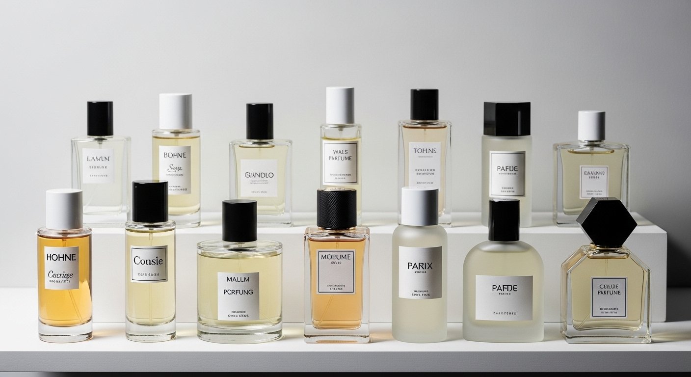 Collection of affordable perfume bottles arranged neatly on shelf with clean lighting and modern background