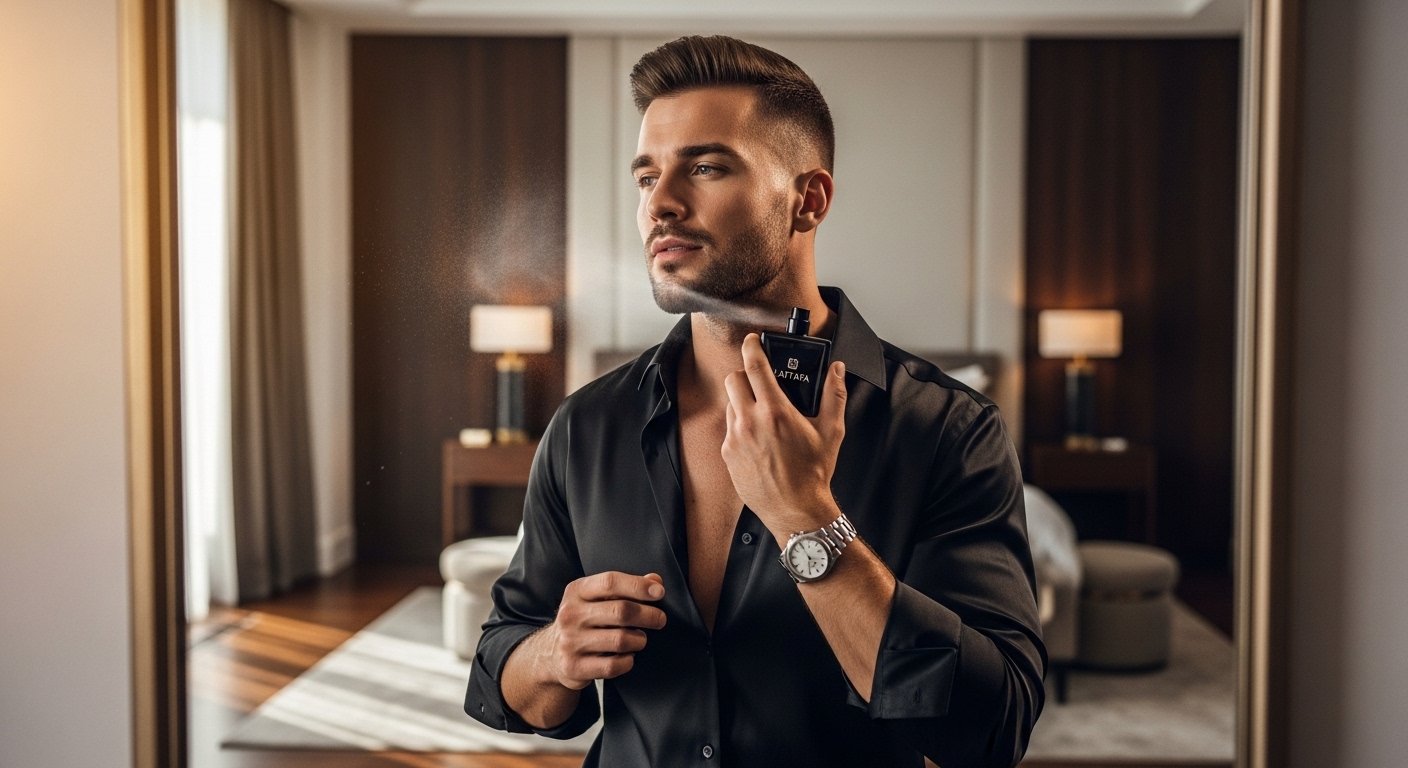 Stylish man applying Lattafa perfume in front of mirror in a modern bedroom