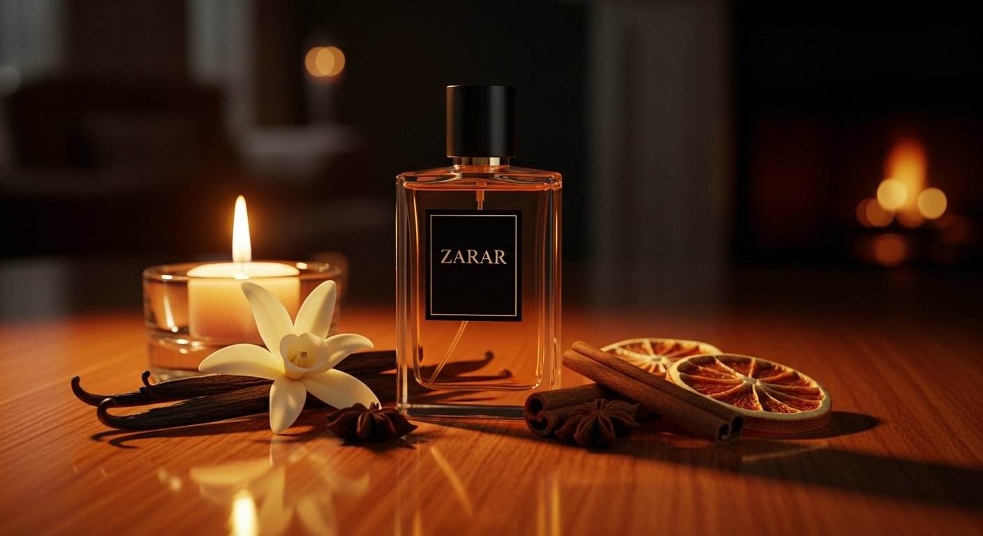 Zarar perfume bottle with vanilla and spices in cozy winter atmosphere