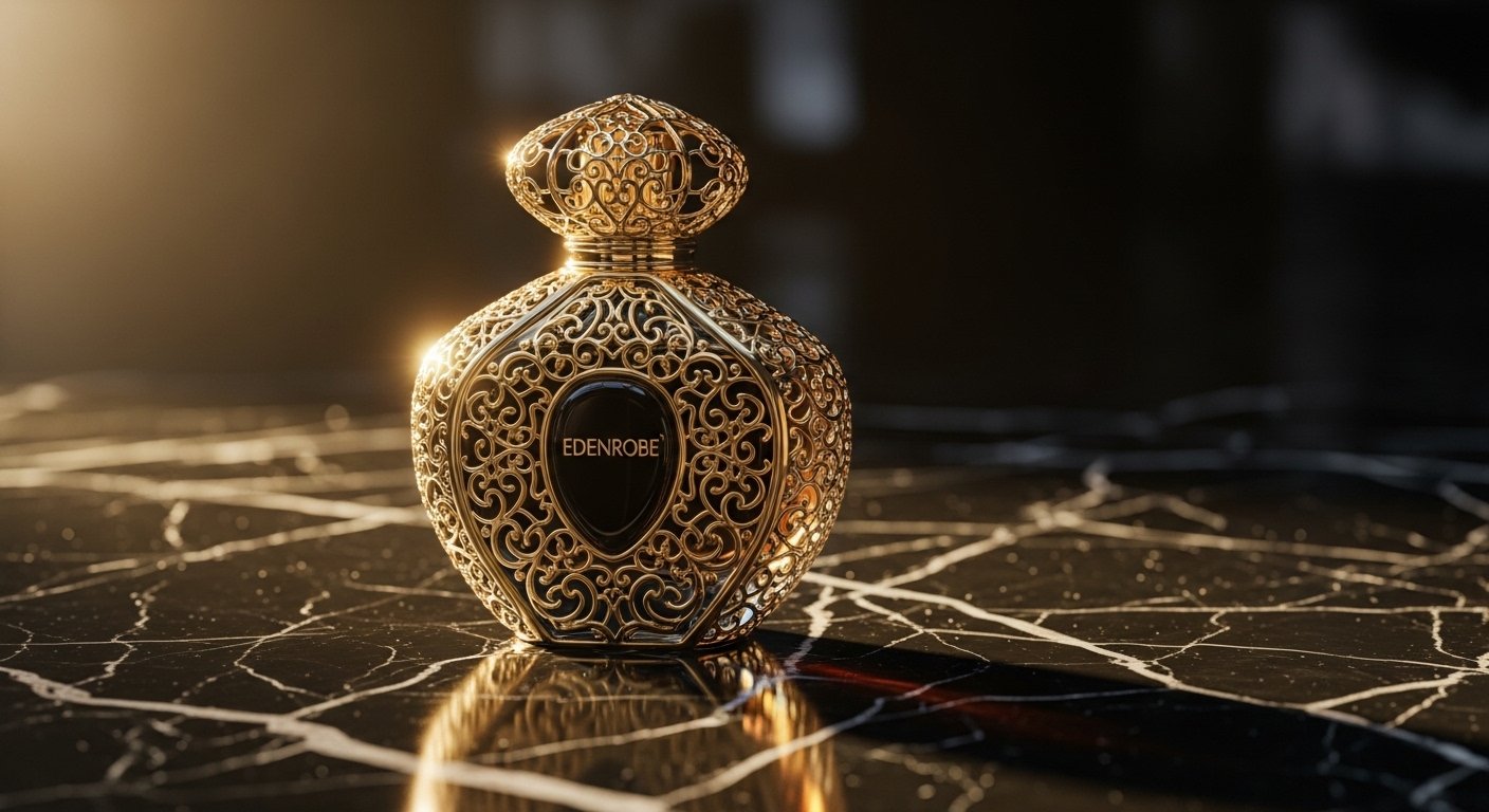 Luxury Edenrobe perfume bottle placed on black marble surface with golden lighting and premium background