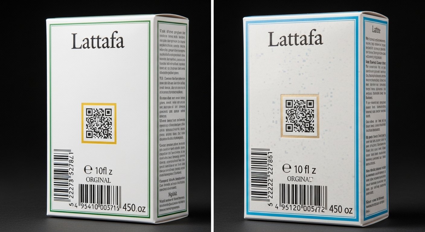 Comparison of original and fake Lattafa perfume packaging showing barcode and quality difference