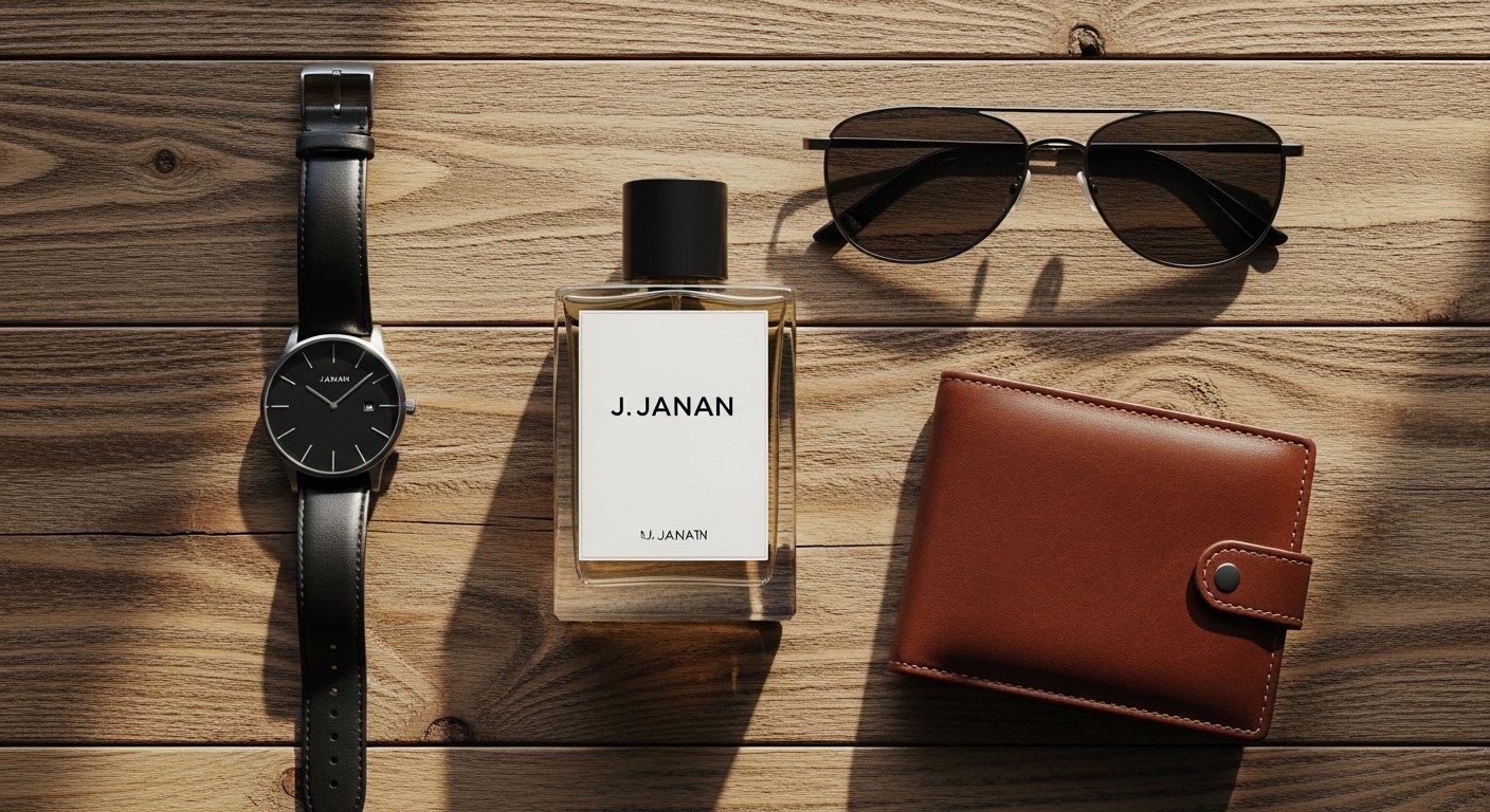 Top view of J. Janan perfume bottle with watch wallet and sunglasses on wooden table
