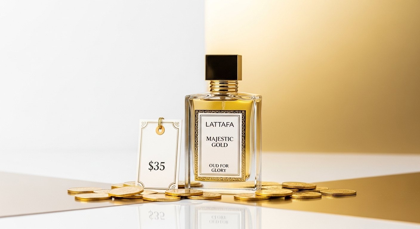 Lattafa perfume bottle with gold coins showing affordable luxury value concept