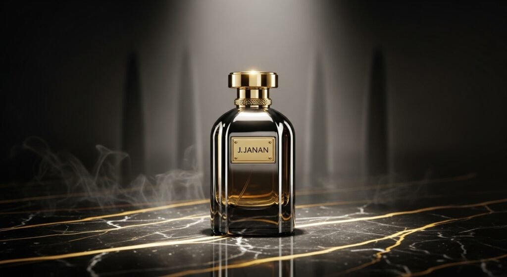 A premium J. Janan perfume bottle placed on black glossy marble with golden light reflections, soft spotlight from above, luxury dark background, subtle smoke effect, elegant shadows, cinematic depth of field, ultra realistic texture, professional studio product photography, high detail, 4K, eye-catching composition, perfect for website featured image and blog header, no text, no watermark