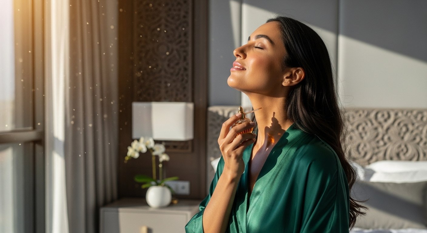 Beautiful woman using oud perfume on neck in luxury bedroom