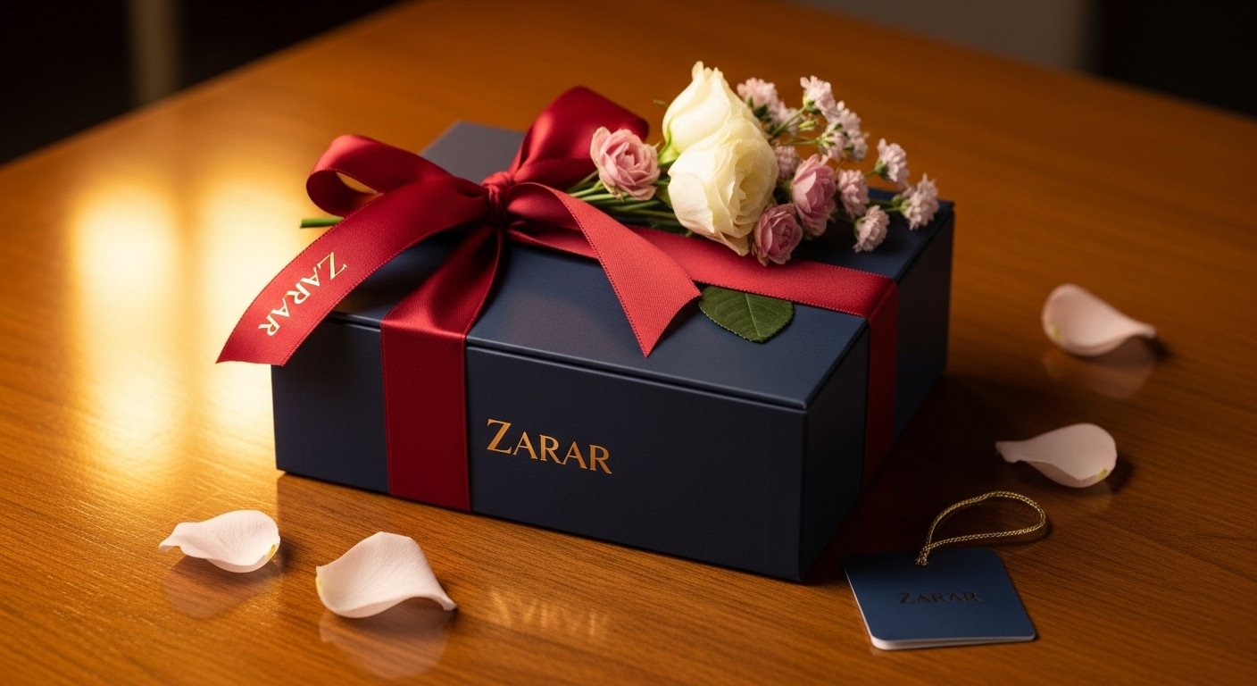 Zarar perfume gift box with ribbon and flowers in warm golden lighting