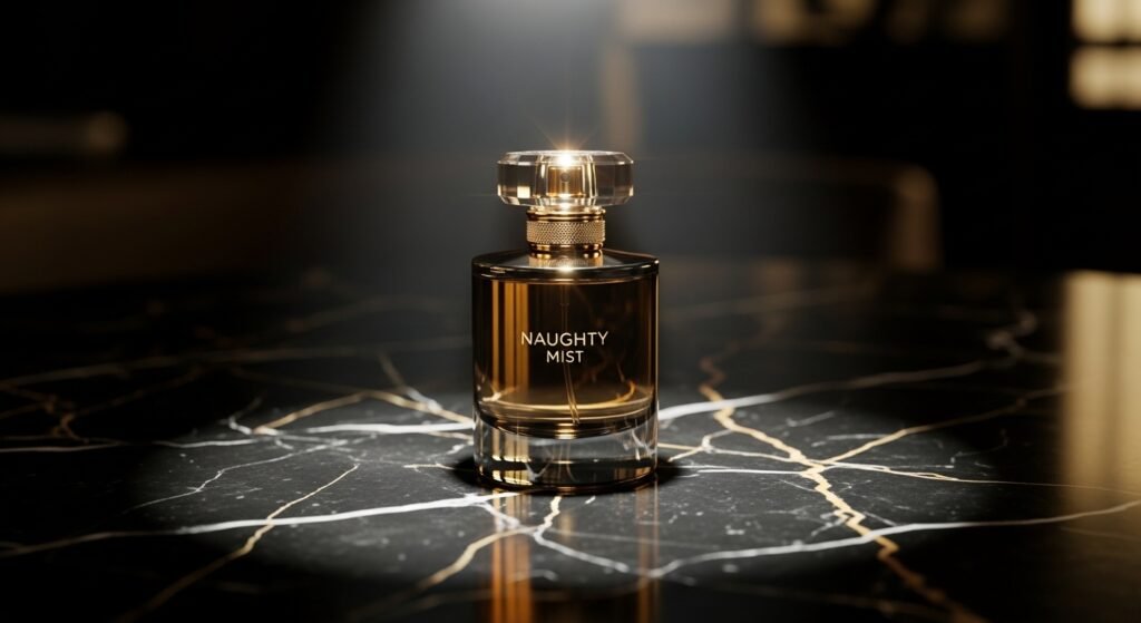 Luxury Naughty Mist perfume bottle on black marble with golden light
