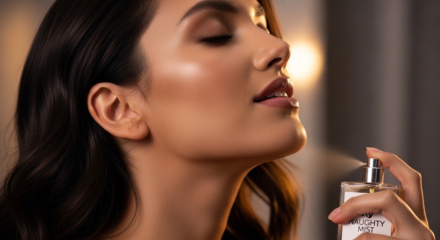 Close-up woman applying Naughty Mist perfume on collarbone
