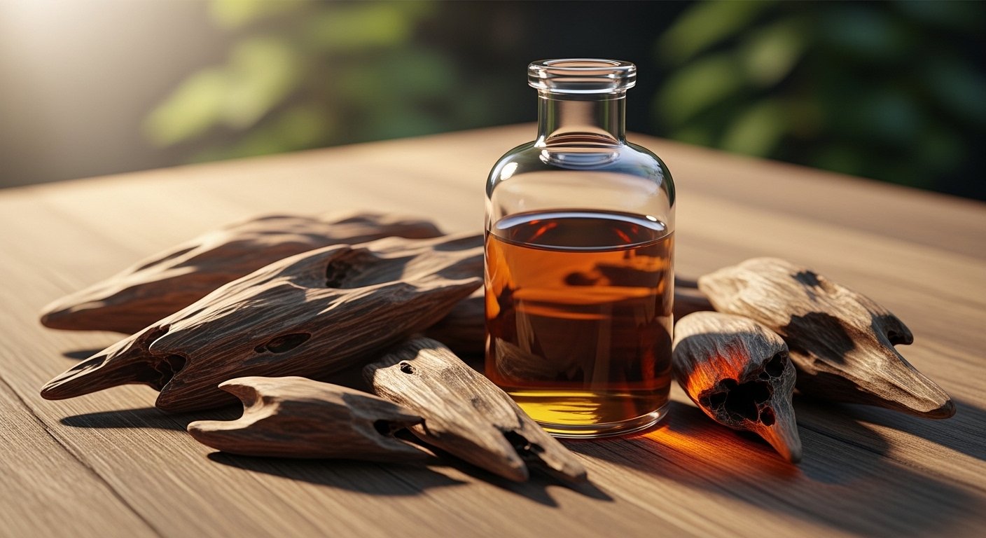 Natural agarwood oud wood pieces with pure oud oil bottle on wooden table