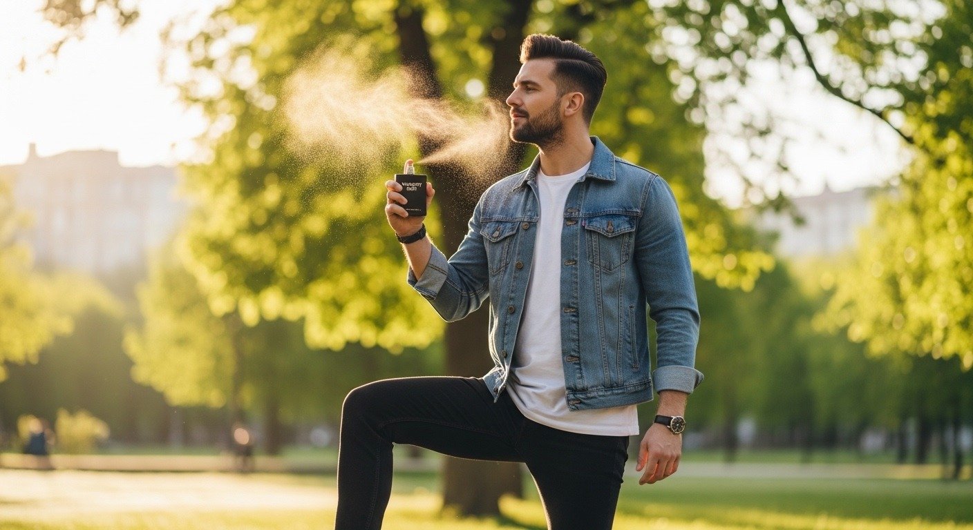 Man using Naughty Mist perfume outdoors in sunlight