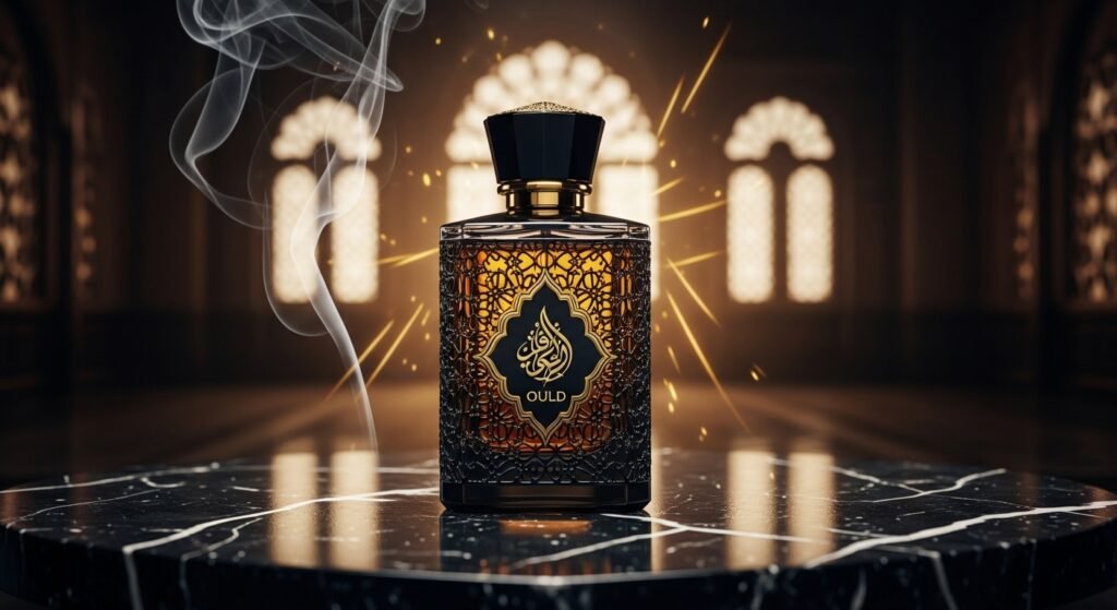 Luxury oud perfume bottle on black marble with golden lighting and smoke effect