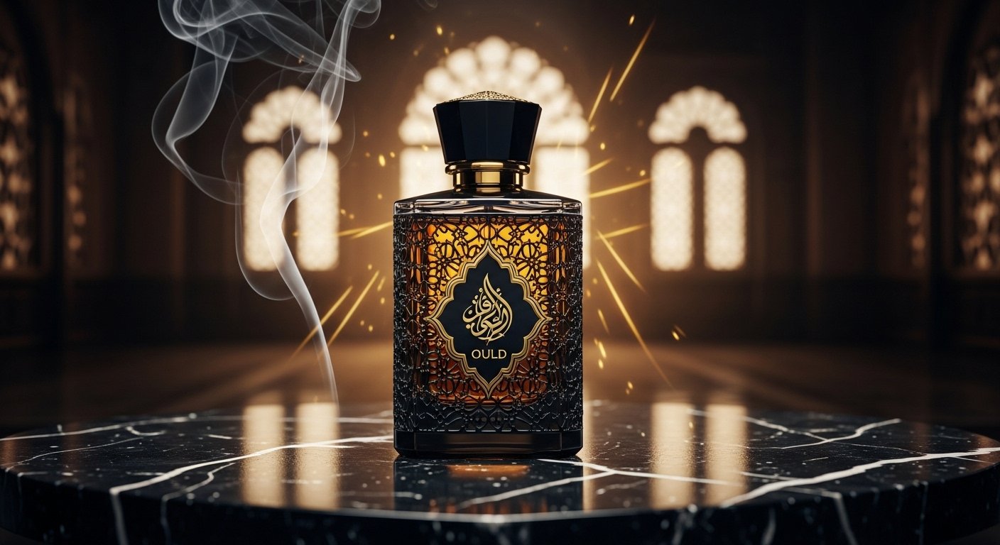 Luxury oud perfume bottle on black marble with golden lighting and smoke effect