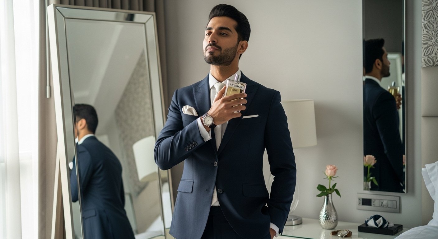 Stylish man applying Edenrobe perfume in front of mirror in modern bedroom