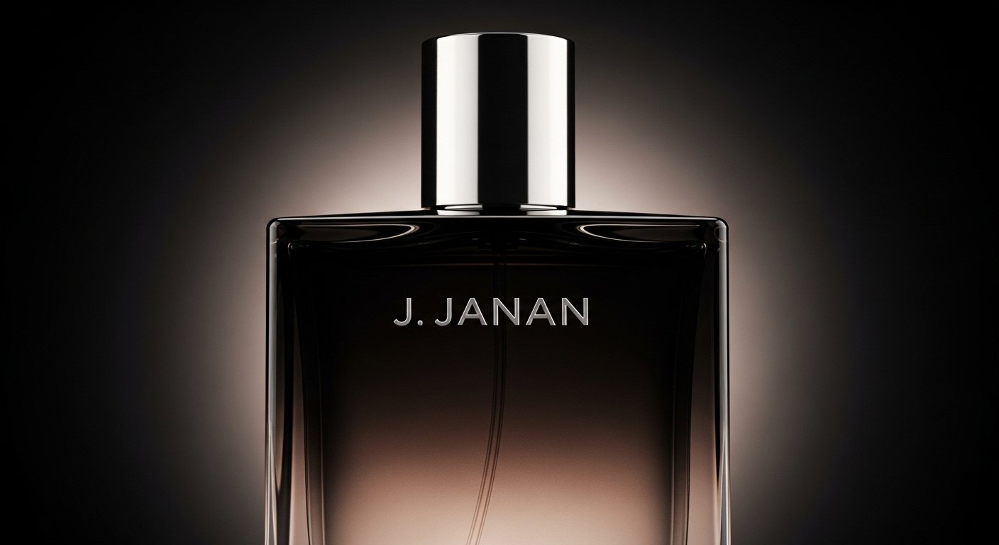 Close-up of J. Janan perfume bottle with dark background and glowing light effect