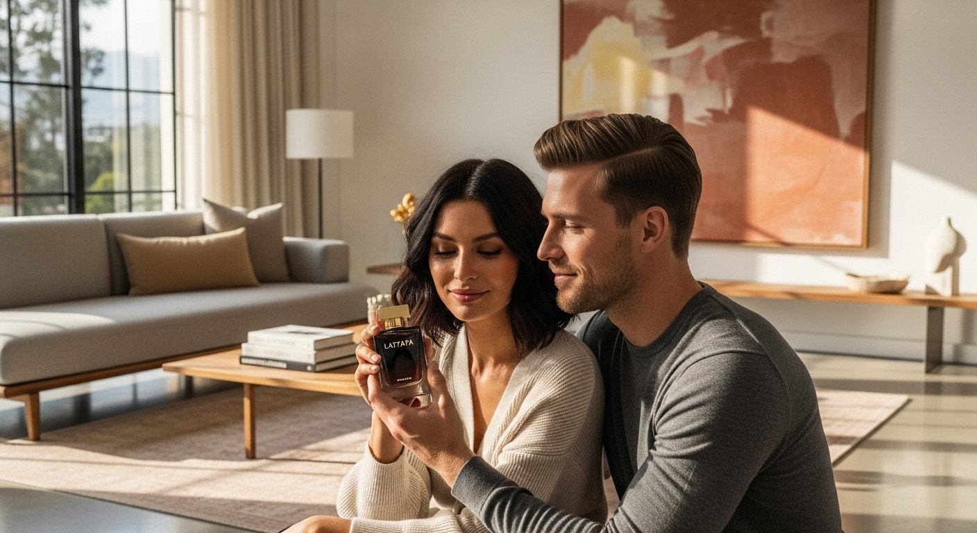 Modern couple using Lattafa unisex perfume in a luxury living room