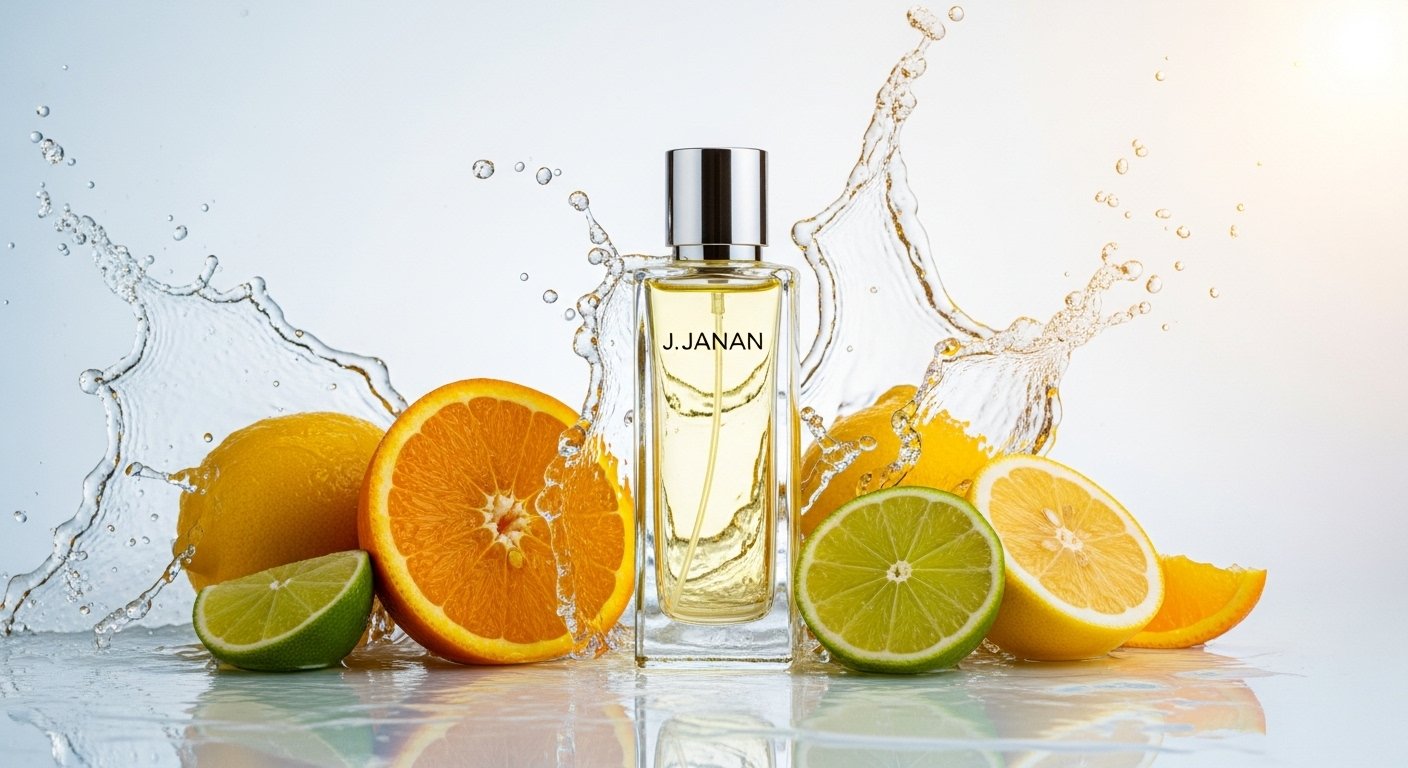 J. Janan perfume bottle with citrus fruits and water splashes in bright sunlight