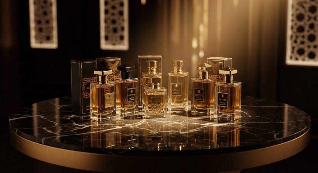 Luxury Lattafa perfume bottles displayed on black marble with golden lighting and elegant background