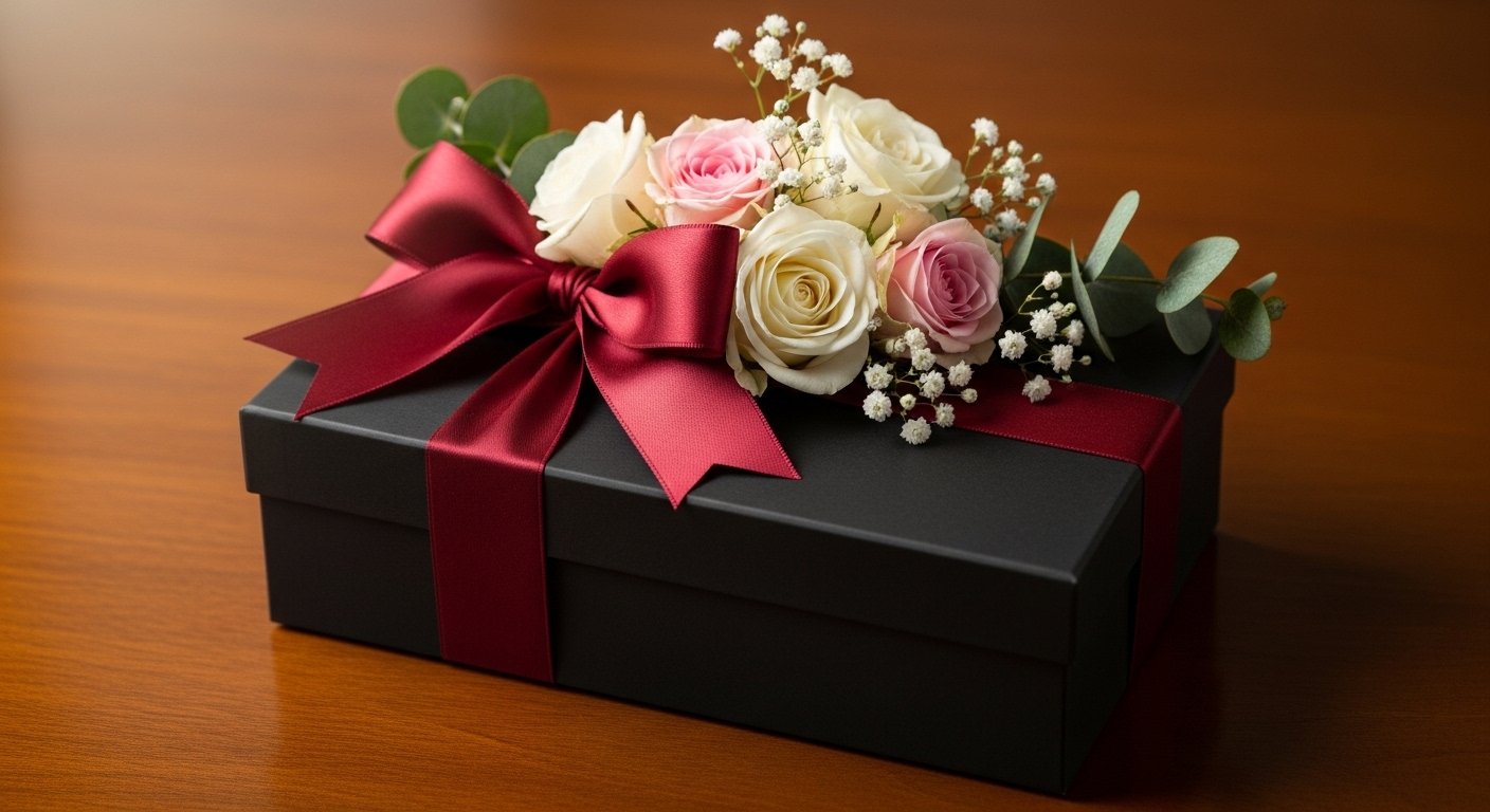 Perfume gift box with ribbon and flowers on wooden table in soft warm light with romantic premium look