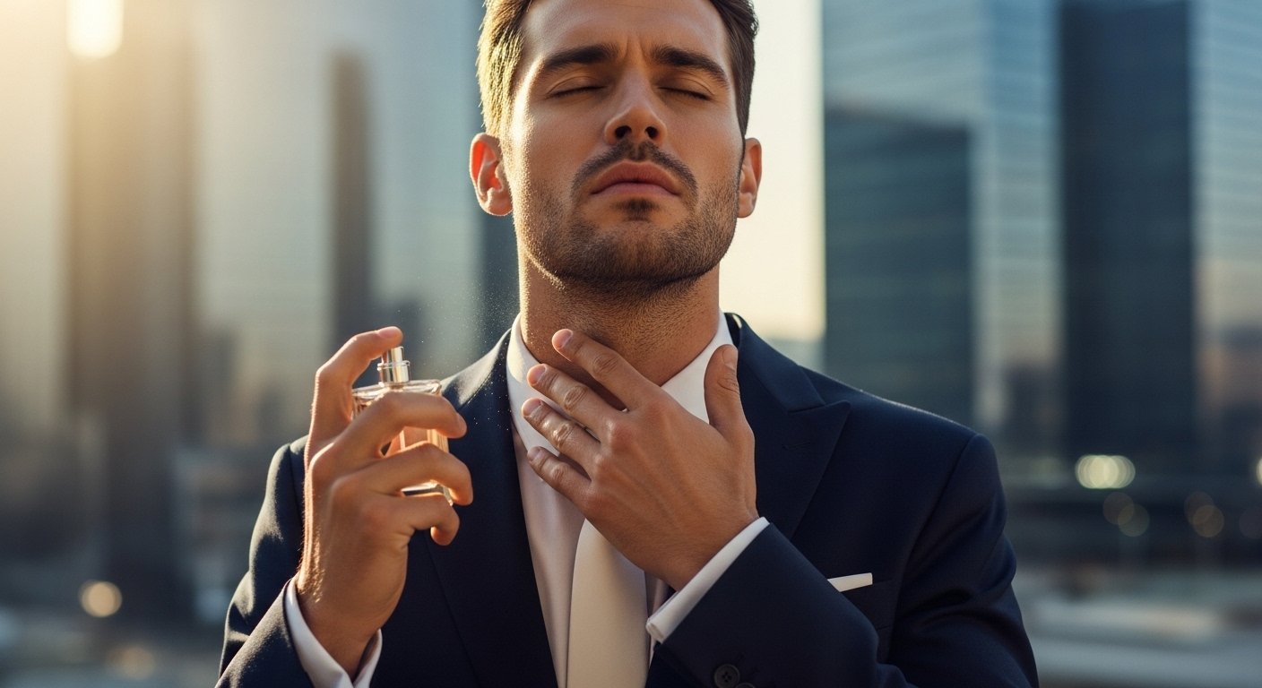 Handsome man applying perfume on neck wearing formal suit with modern city background and soft sunlight