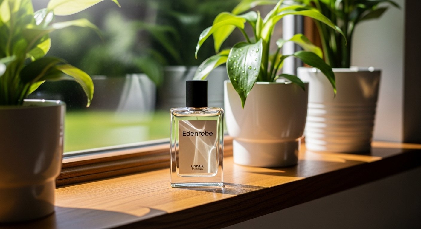 Edenrobe unisex perfume bottle near window with plants and natural sunlight
