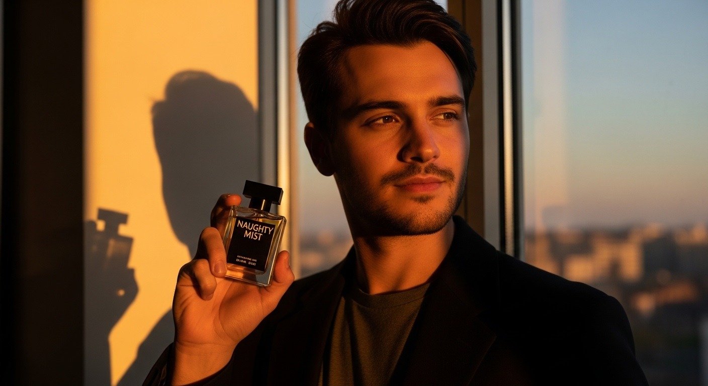 Confident man holding Naughty Mist perfume near window