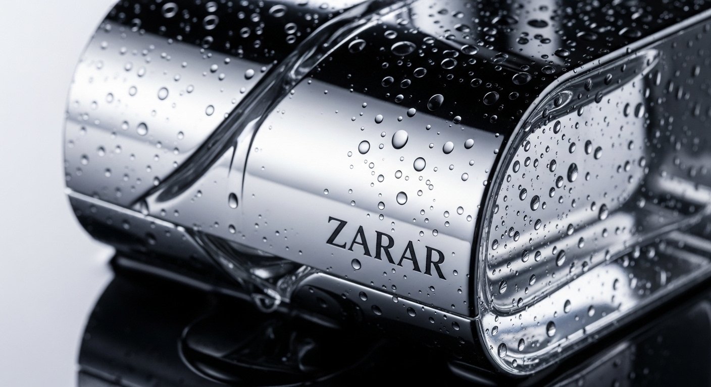 Close-up shot of Zarar perfume bottle with water drops and glossy surface