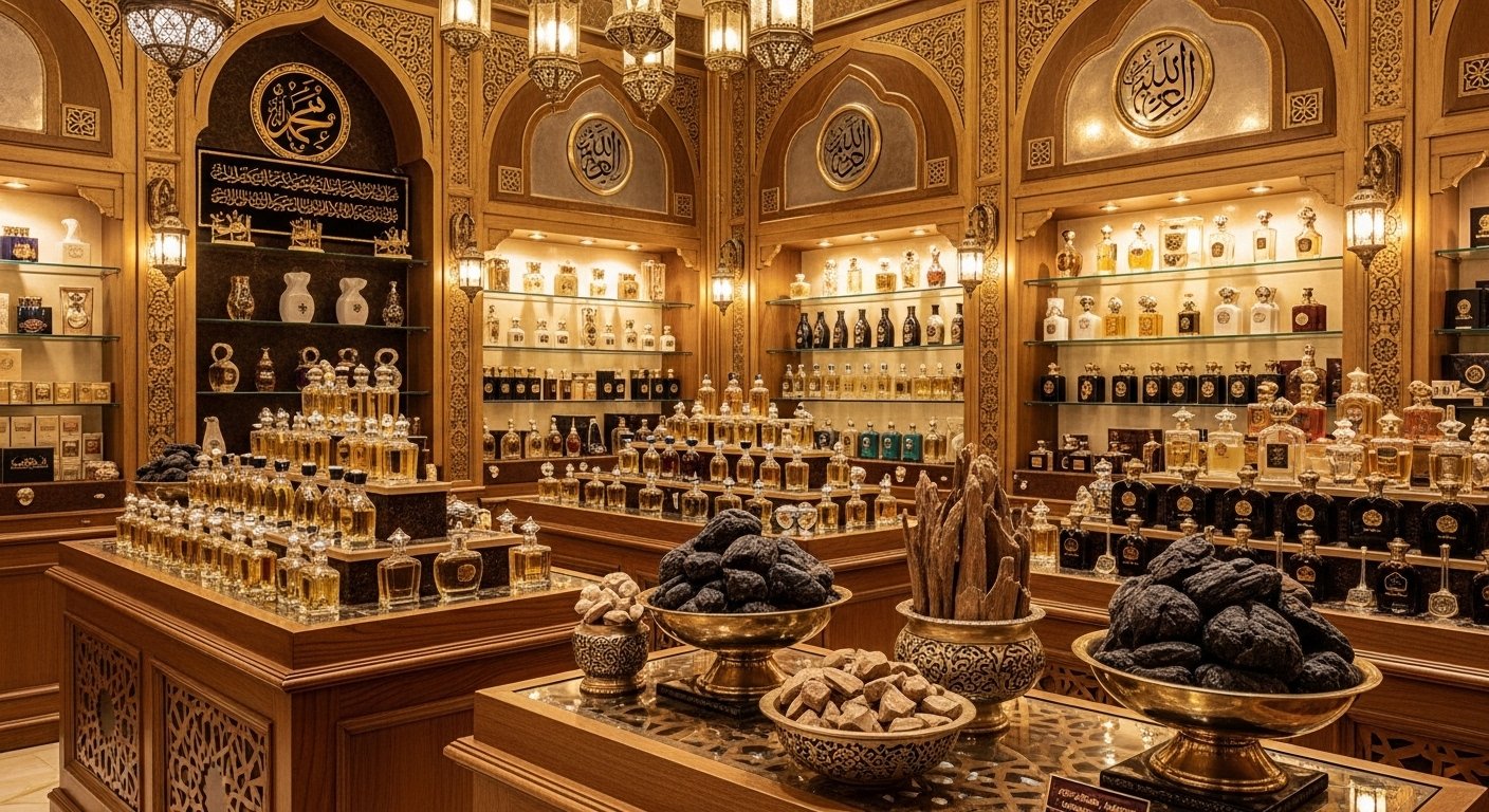 Traditional Arabian perfume shop interior showing Lattafa perfume bottles and oud wood decor
