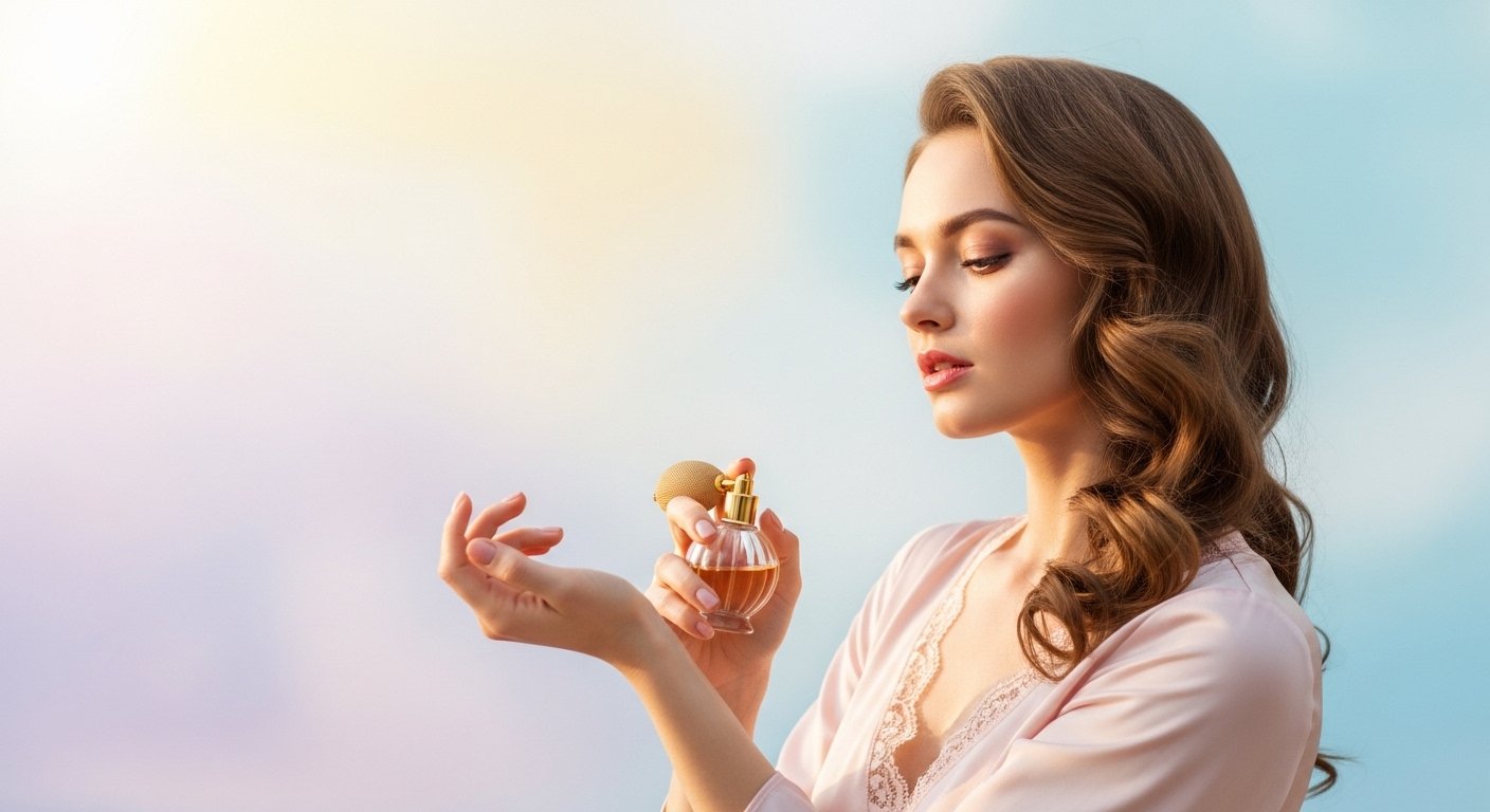 Beautiful woman applying perfume on wrist wearing elegant dress with soft pastel background and natural light