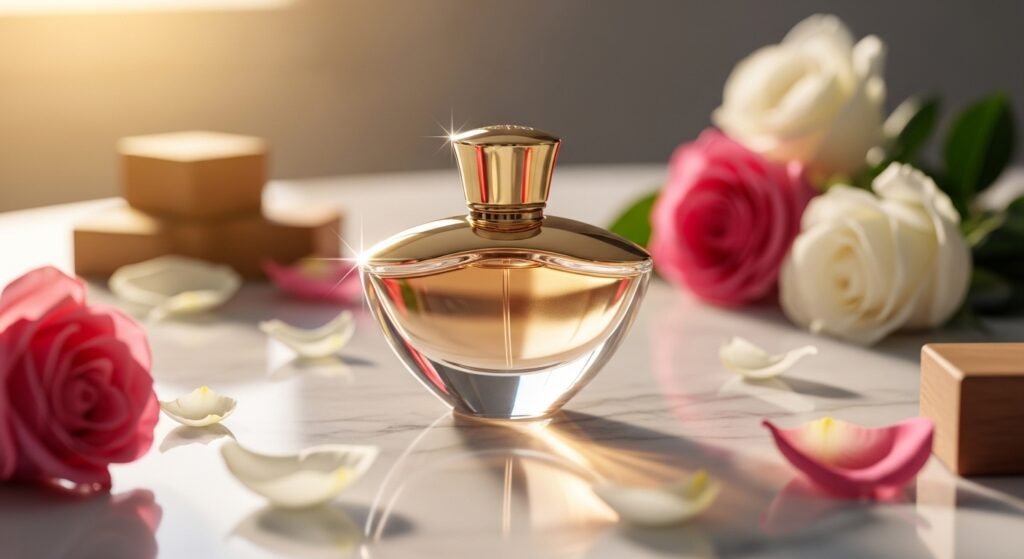 Luxurious perfume bottle on glossy marble surface with golden sunlight, flowers, petals, and wooden elements, cinematic premium product photography