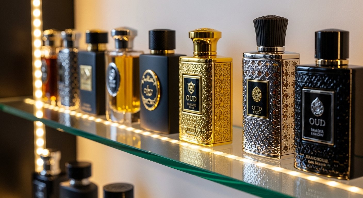 Luxury oud perfume collection displayed on glass shelf with golden theme