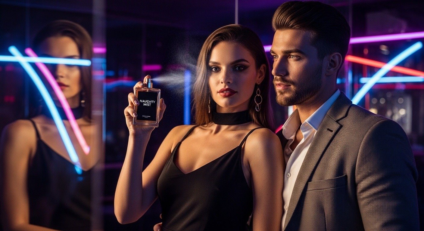 Couple using Naughty Mist perfume at night party