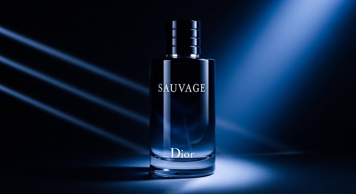 Dior Sauvage perfume bottle between light and dark background showing strengths and weaknesses concept