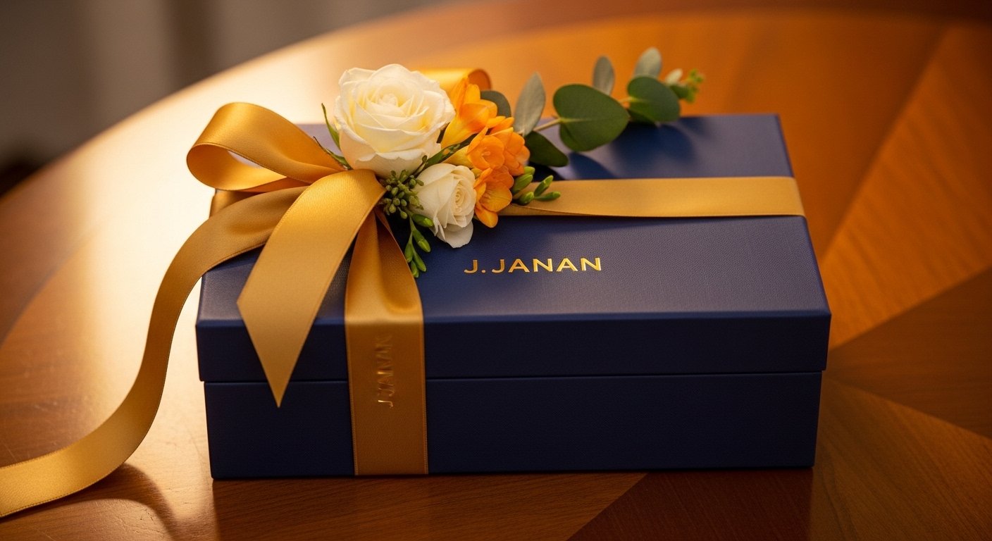 J. Janan perfume gift box with ribbon and flowers in warm golden lighting