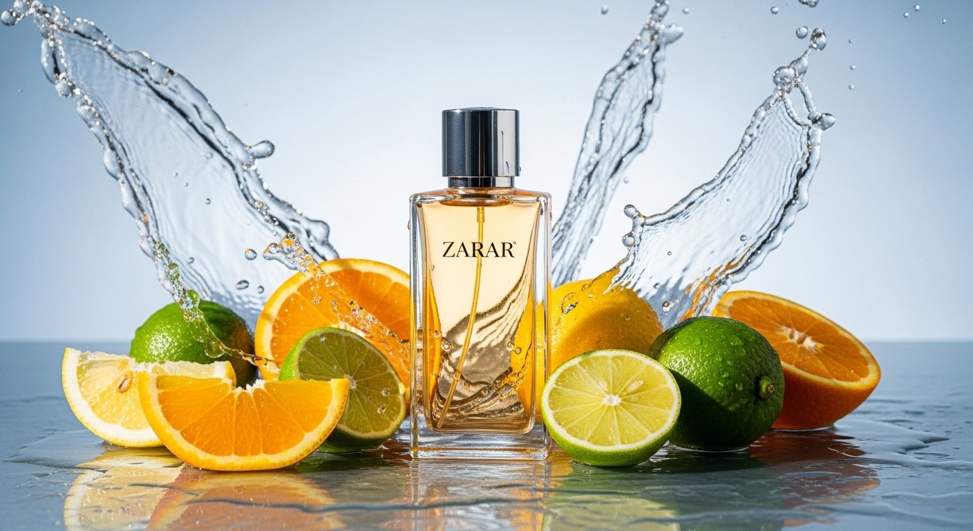 Zarar perfume bottle with citrus fruits and water splashes in bright sunlight