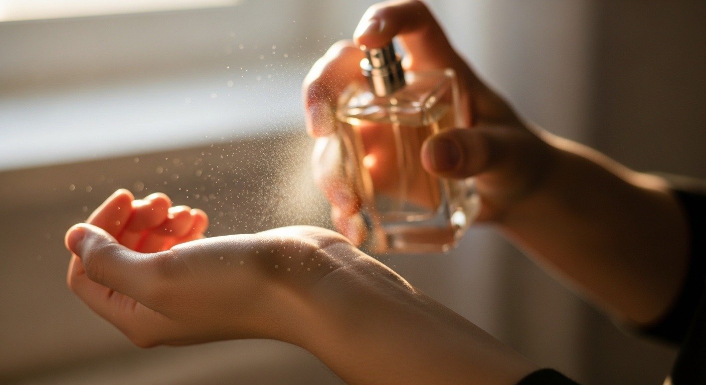 Applying Thomas Kosmala No. 4 perfume on wrist showing skin scent effect