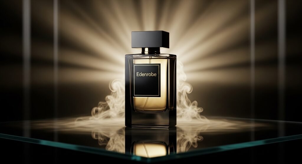 Premium Edenrobe perfume bottle on black glass with golden light and smoke effect